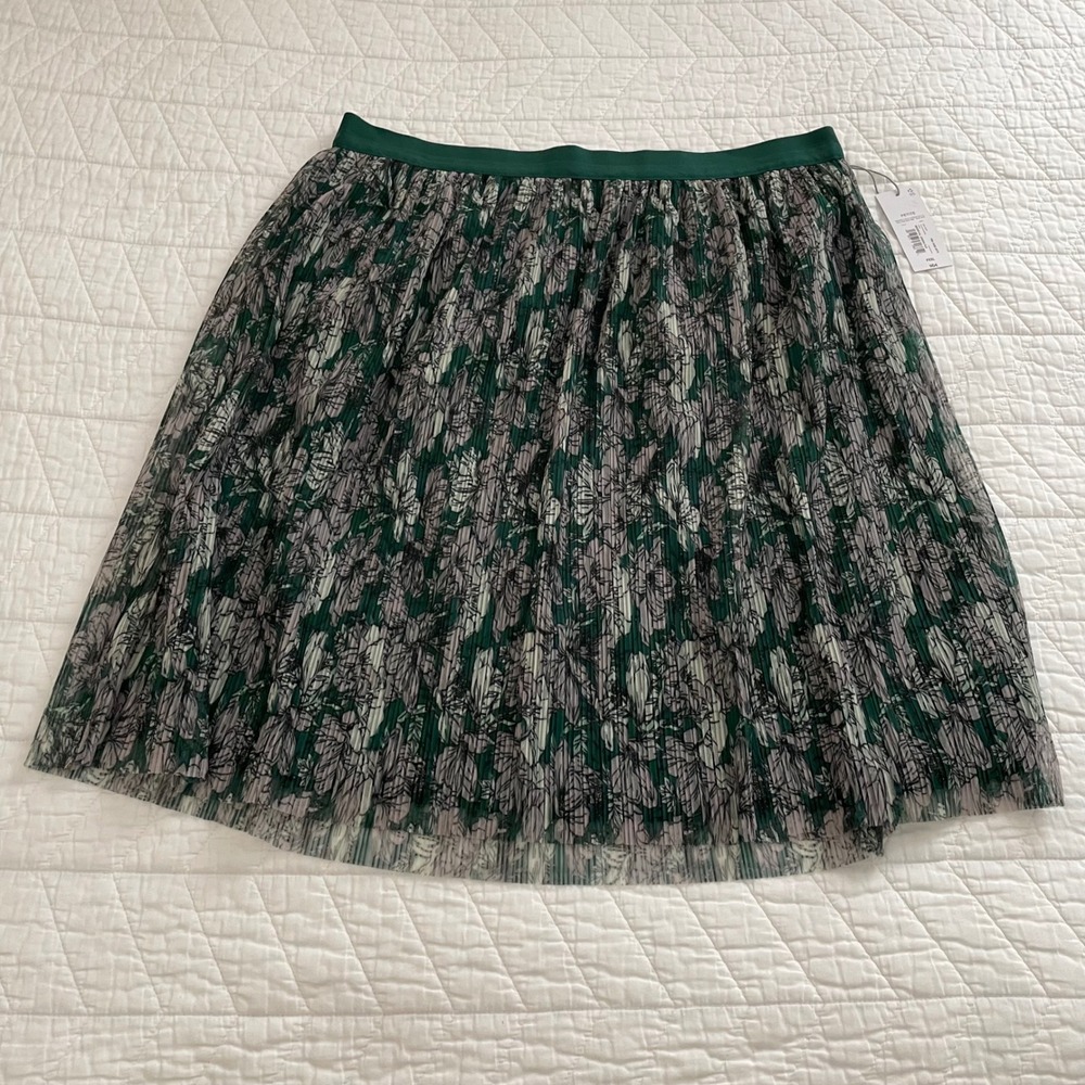 Liz Claiborne Medieval Green Floral Pleated Mesh Skirt Petite PXXL New
